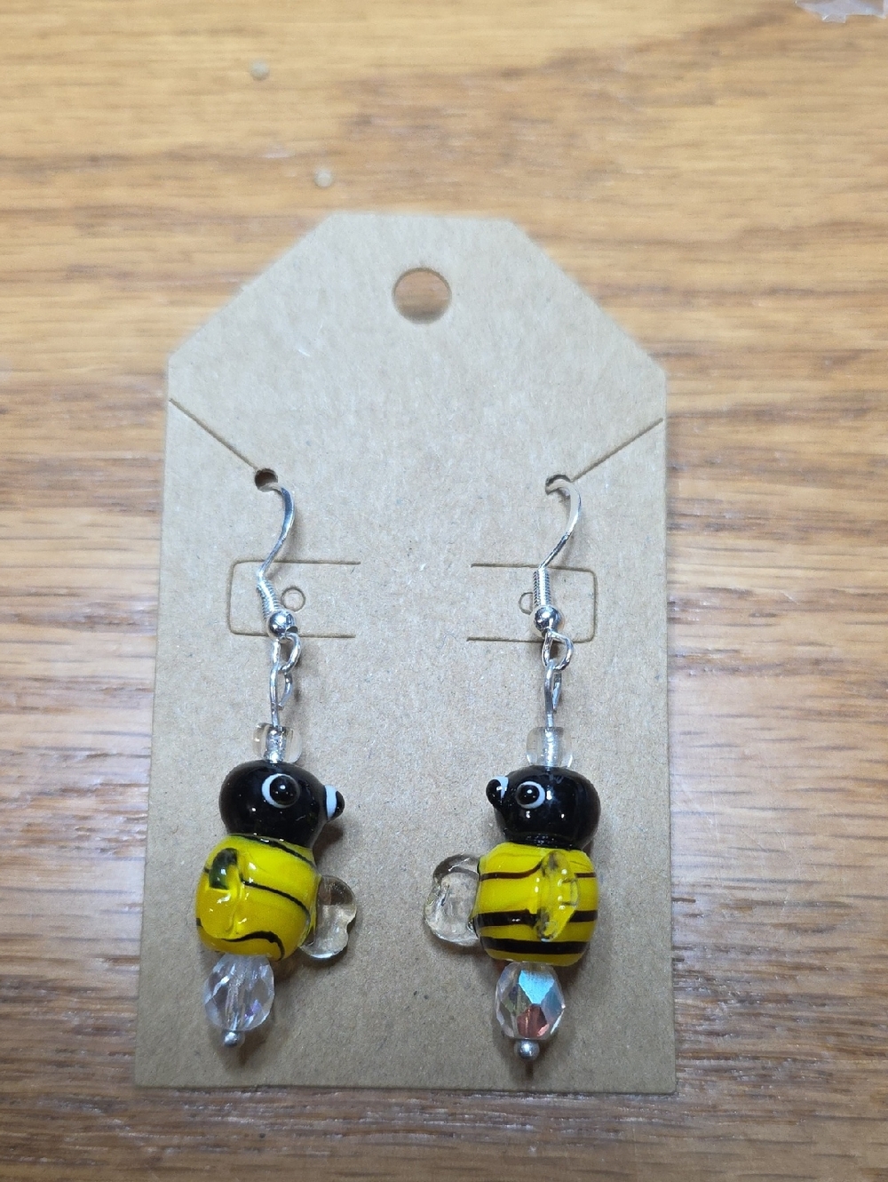 Handmade Bee Glass Dangle Earrings - Yellow & Black .925 Hooks